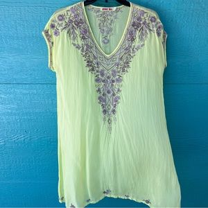 JOHNNY WAS CHARTREUSE EMBROIDERED TUNIC OR MINI DRESS SIZE XS EUC